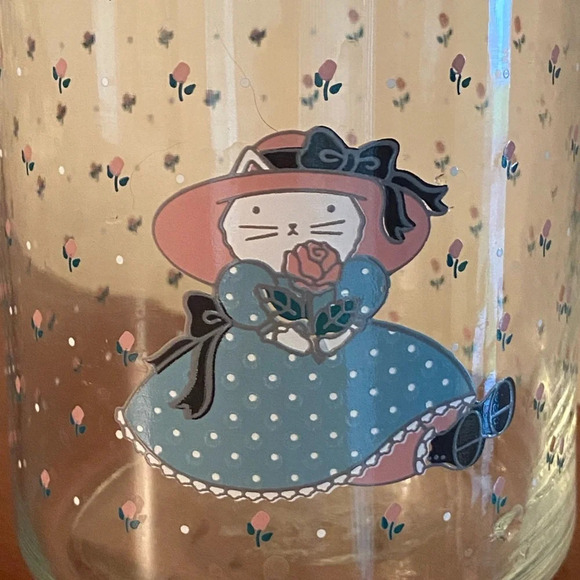 Vintage 1988 CHD Anchor Hocking Country Cat Glass Jar Canister Kitty Rose Lace - Picture 2 of 12